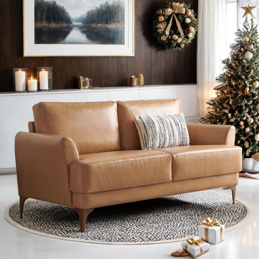 Atopston 63" Faux Leather Loveseat Sofa, Mid-Century Modern Decor 2 Seater Love Seat Couches, Comfy Armrest Small Couch with Wood Grain Legs for Living Room Apartment, Tan Leather