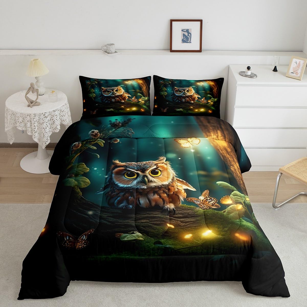 Erosebridal Owl Bedding for Girls 3D Owl Bird Animal Bedding Comforter Sets Cartoon Owl Comforter Set Gifts for Owl Lovers Butterfly Firefly Printing Duvet Insert Twin 2Pcs