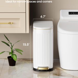 CEROELDA White Bathroom Trash Can with Lid-10L/2.6 Gallon Stainless Steel Step Slim Garbage Can-Rectangle Pedal Trash Bin for Narrow Office, Kitchen, Bedroom, Toilet-Soft Close (B-White/2.6 Gallon)