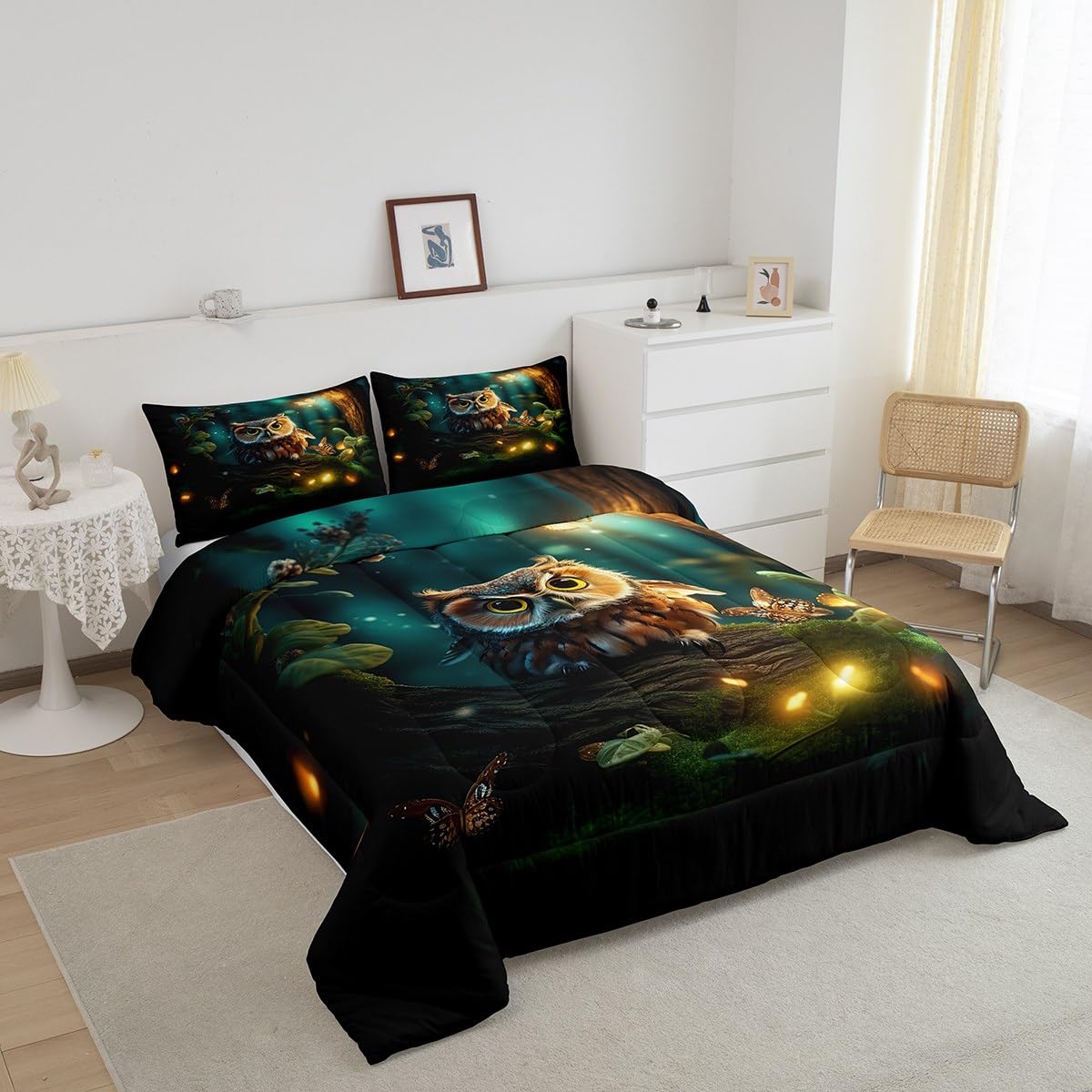 Erosebridal Owl Bedding for Girls 3D Owl Bird Animal Bedding Comforter Sets Cartoon Owl Comforter Set Gifts for Owl Lovers Butterfly Firefly Printing Duvet Insert Twin 2Pcs