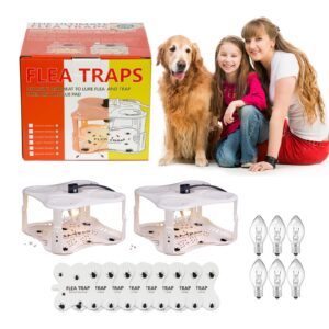 flea trap 2 pack flea light trap indoor with 8 glue discs 6 light bulbs, pest control, natural insect trap, non-toxic, odorless safe for family (pearl white)