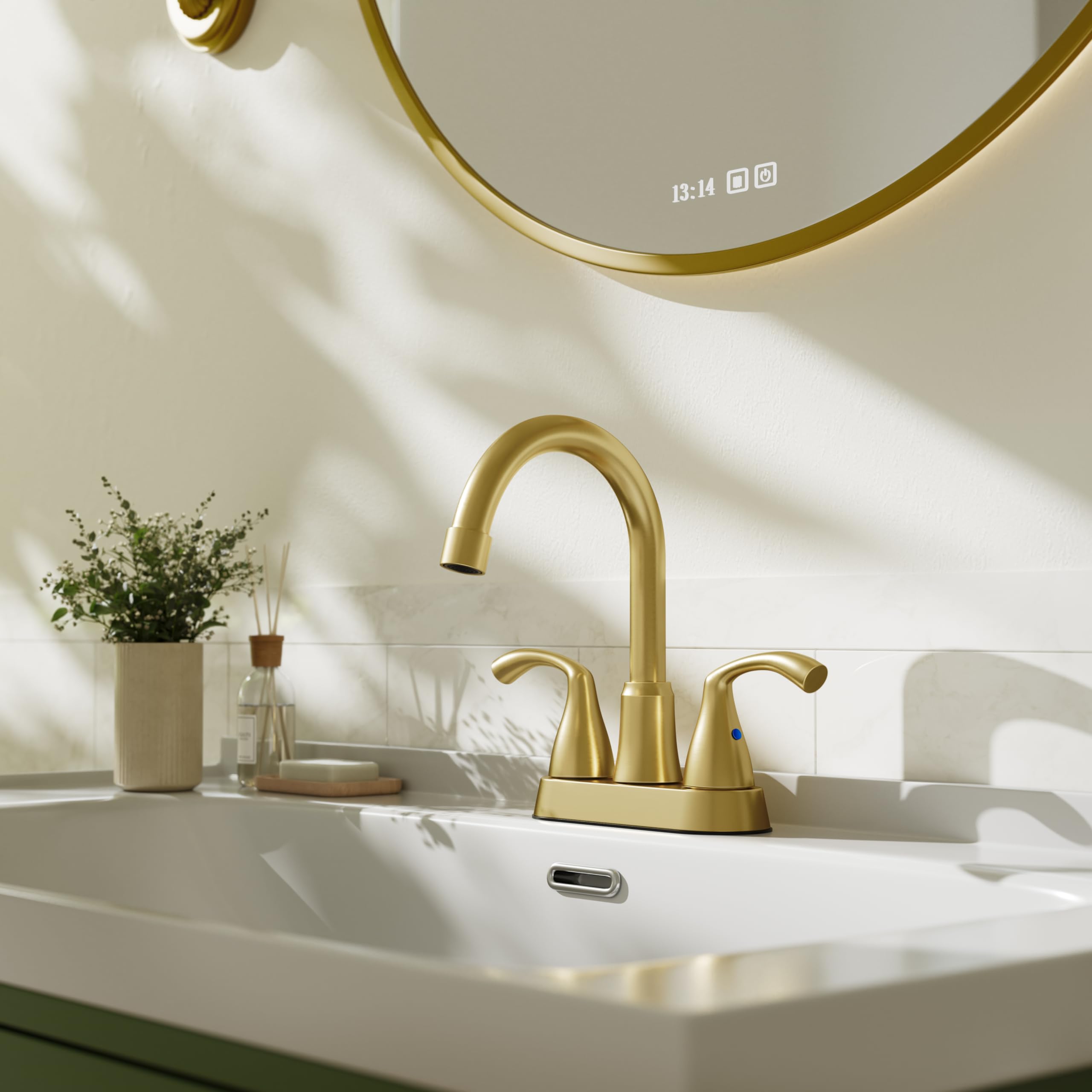 Phiestina Brushed Gold 4 Inch Centerset 2 or 3 Holes Bathroom Sink Faucet, Modern Vanity Faucet with 360 Swivel Spout, Metal Pop-up Drain and Water Supply Lines, JC180-BG