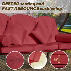 Yalissey 3 in 1 Outdoor Porch Swing with Adjustable Canopy, 3 Seat Outdoor Swing for Adults, Patio Swing Chair with Thickened Cushions,Pillows & Cup Holders for Backyard, Porch, Garden (Wine Red)