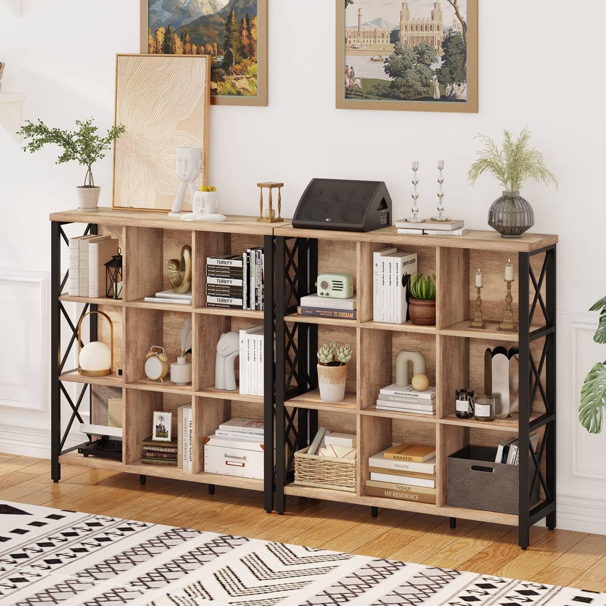 FATORRI 9 Cube Storage Bookshelf, Industrial 4 Shelf Book Shelf, Farmhouse Wood and Metal Cubby Bookcase for Home Office (39.37" W, Rustic Oak)