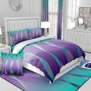 Erosebridal Gradient Gradient Teal to Purple Comforter Set for Girls,Irregular Silver Stripe Wave Line Quilt Ombre Bedding Set King,Abstract Art Room Decor Aesthetic