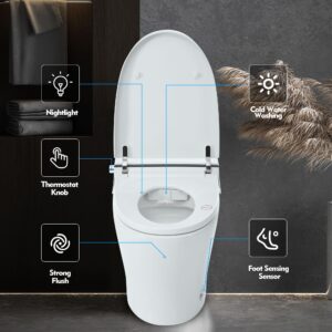 Smart Toilet Bidet Combo with Self-Cleaning Nozzle, Compact Dual Flush Toilet, Tank less toilet with Foot sensor Flush, White Night Light, Knob Control, Power Outage Flushing, Soft Close