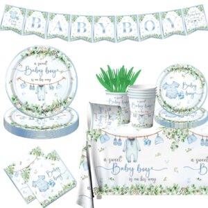 greenery baby shower tableware set,watercolor blue boy baby shower a sweet boy is on his way plates and napkins sets include plates napkins cups tablecloth for boy baby shower gender reveal supplies