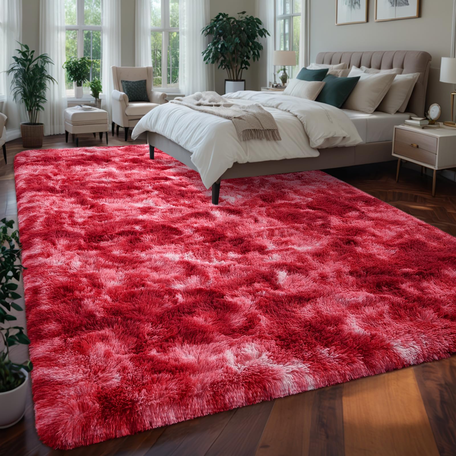 Larhom Fluffy Shag Area Rug, 4x6 ft Burgundy Red Tie-Dyed Shaggy Fuzzy Carpets for Living Room, Ultra Soft Plush Rugs for Bedroom, Girls Kids Room, Nursery Dorm Home Decor, Non-Slip