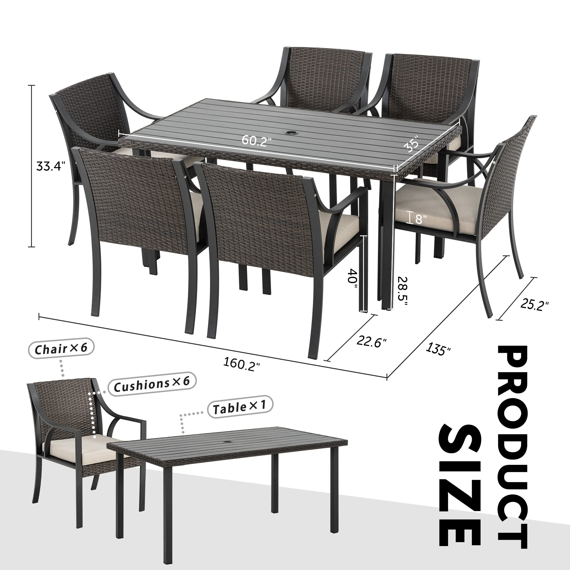 HAPPATIO 7 Piece Patio Dining Set,Wicker Outdoor Dining Set,Outdoor Patio Dining Set.Wicker Rattan Patio Dining Furniture Set with Umbrella Hole. Outdoor Dining Set for 6.(Beige Cushion)