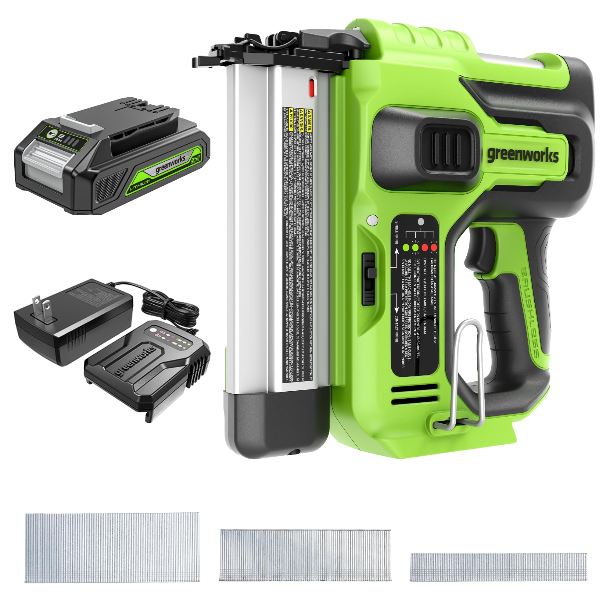 Greenworks 24V 18 Gauge Brushless Brad Nailer Gun, Cordless Finish Nailer, Staple Gun Cordless with 2Ah Battery and 2A Charger