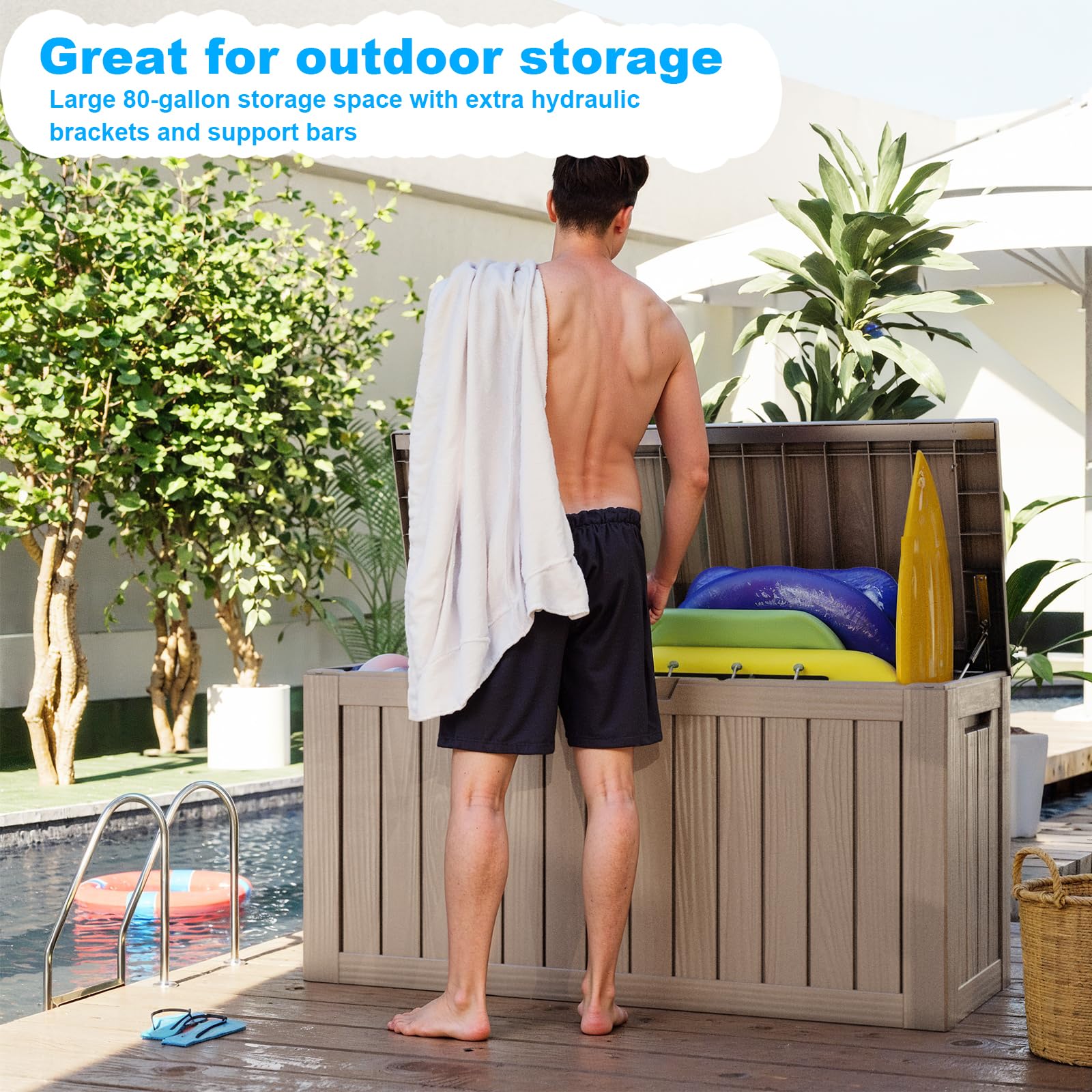 MAIUSCOLI Outdoor Storage Box - Resin Deck Box for Waterproof Lockable, and Doubles as Extra Seating - Perfect for Patio Furniture, Cushions, and Garden Tools. (Grey, 80-Gallon)