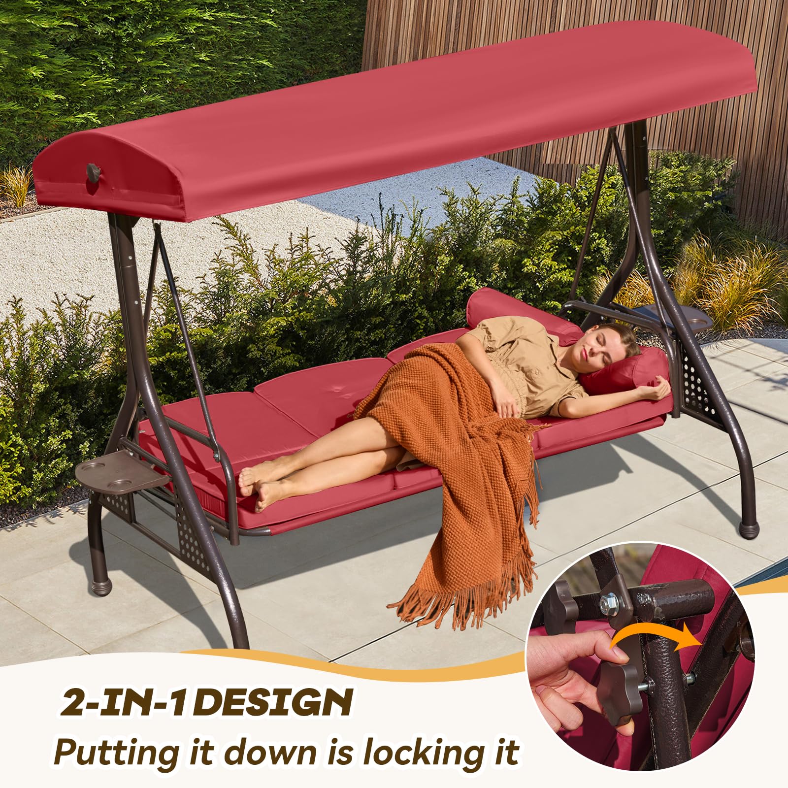 Yalissey 3 in 1 Outdoor Porch Swing with Adjustable Canopy, 3 Seat Outdoor Swing for Adults, Patio Swing Chair with Thickened Cushions,Pillows & Cup Holders for Backyard, Porch, Garden (Wine Red)