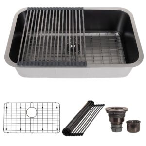 strictly sinks 29-3/4 inch undermount kitchen sink - 18 gauge single bowl kitchen sink - ideal black kitchen sink with single strainer drain, bottom grid & roll up dish drying rack