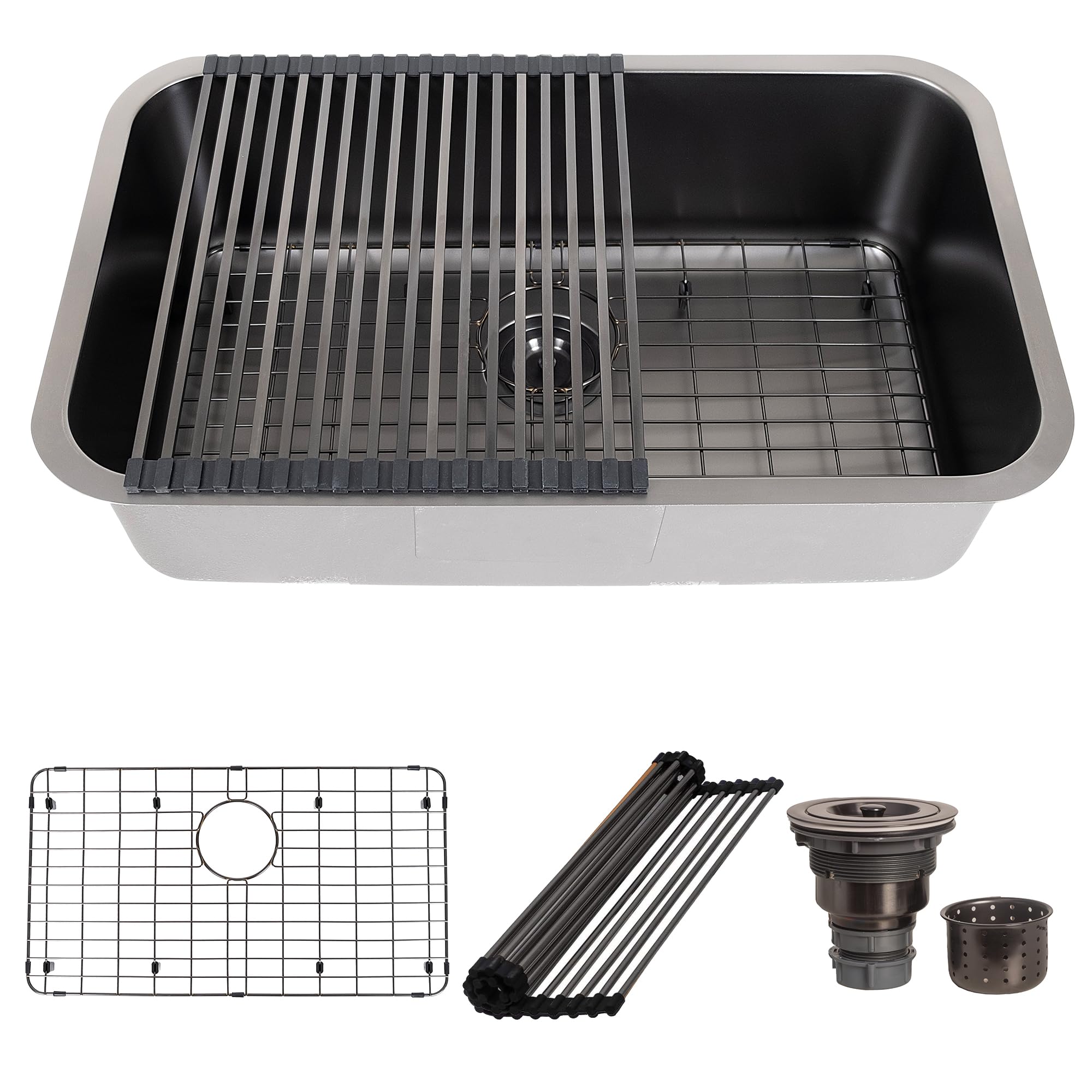 Strictly Sinks 29-3/4 Inch Undermount Kitchen Sink - 18 Gauge Single Bowl Kitchen Sink - Ideal Black Kitchen Sink with Single Strainer Drain, Bottom Grid & Roll Up Dish Drying Rack