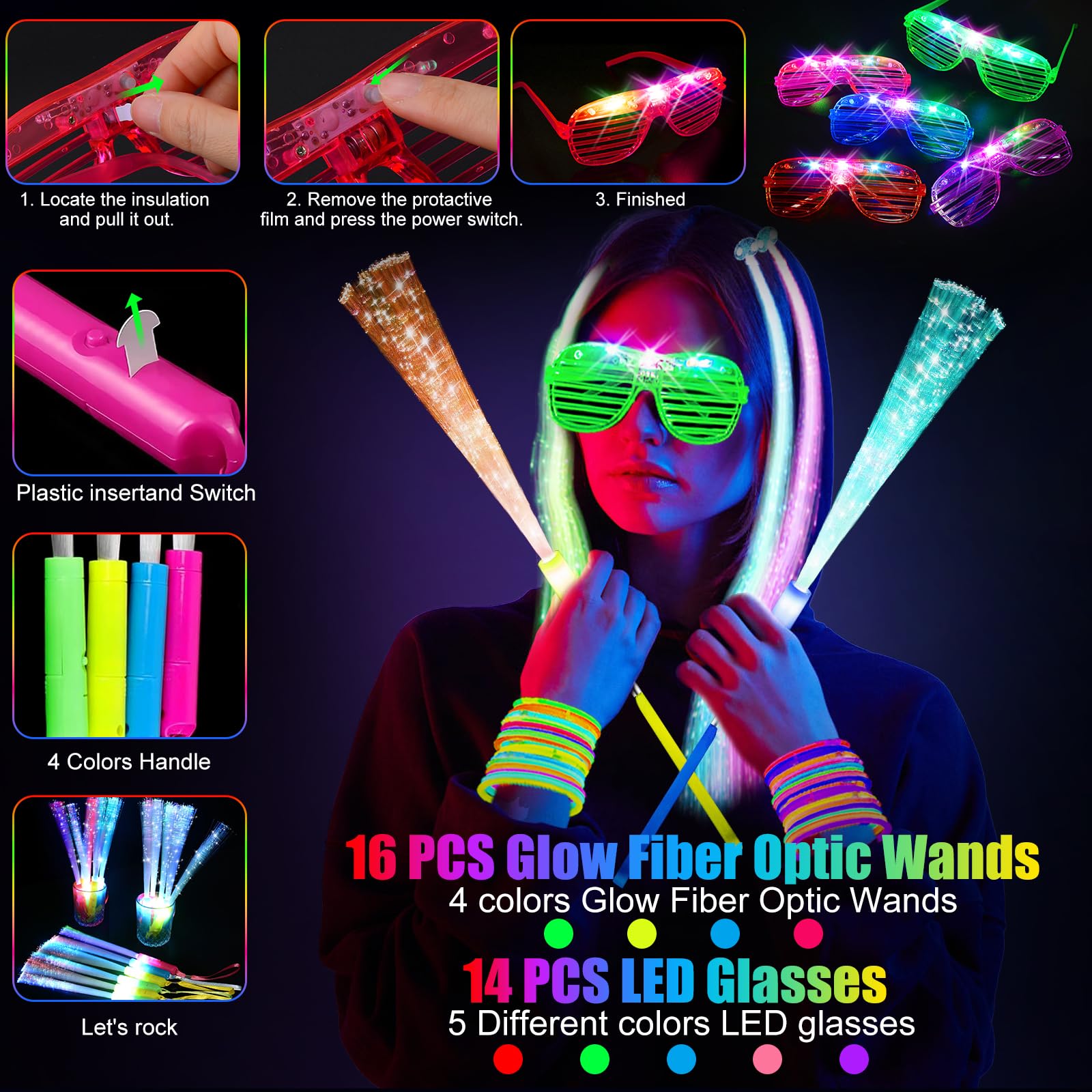 OLUPP 148 PCS Glow in the Dark Party Supplies, 16 PCS Glow Fiber Optic Wands, 14 PCS LED Glasses, 100 PCS Glow Sticks and 18 PCS LED Hair Clips Fiber Optic for Glow Party, Wedding, Concert, Birthday