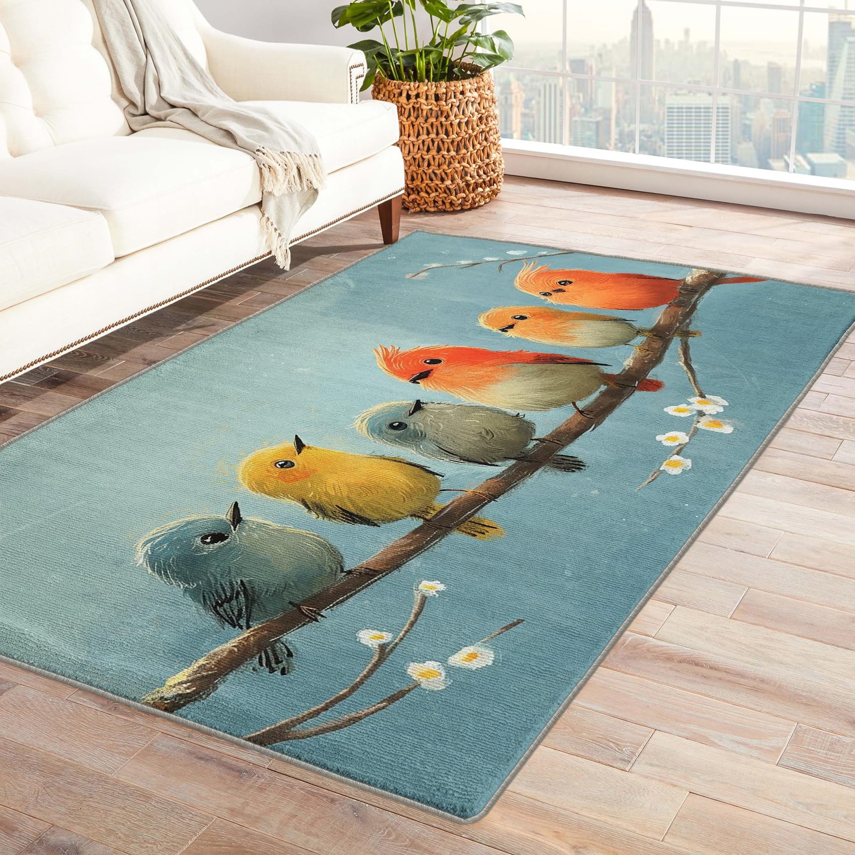 ZDABAOEC Bird Rug 4x4, Cute Area Rugs for Bedroom Living Room Entryway, Birds on a Branch Patterned Home Decor Carpet, Machine Washable Non Slip Indoor Floor Square Rug