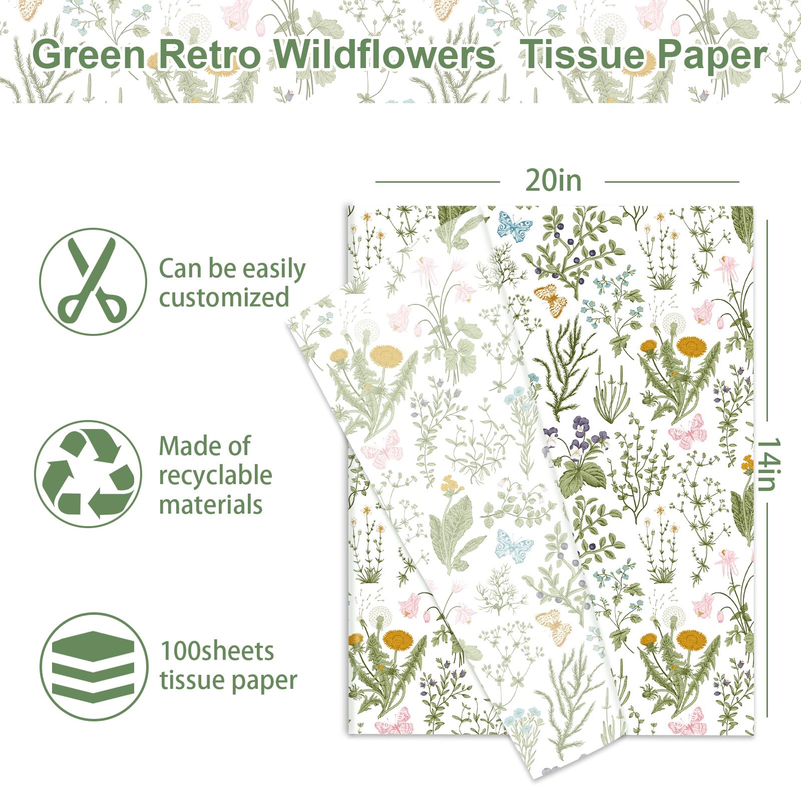 JarThenaAMCS 100 Sheets Vintage Wildflower Tissue Paper Wild Floral Art Tissue Spring Wrapping Paper for Birthday Wedding DIY Crafts Gift Packing, 20 x 14 Inch