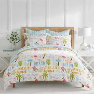 Levtex Home - Beach Days Duvet Cover Set - Full/Queen Duvet Cover (90 x 94in.) + Two Standard Pillow Cases (26 x 20in.) - Coastal Beach - Teal Blue Yellow Green Brown Pink - Cotton