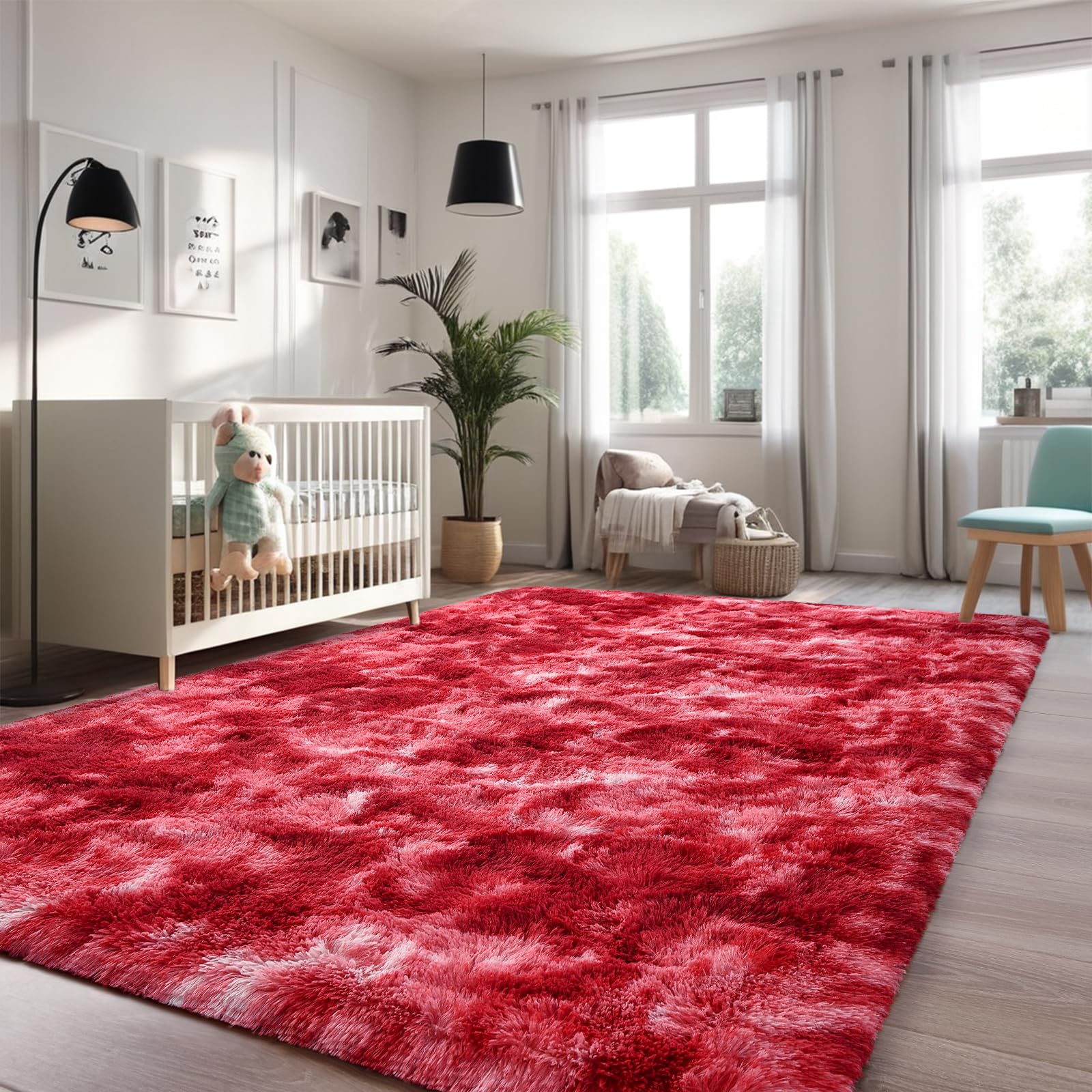 Larhom Fluffy Shag Area Rug, 4x6 ft Burgundy Red Tie-Dyed Shaggy Fuzzy Carpets for Living Room, Ultra Soft Plush Rugs for Bedroom, Girls Kids Room, Nursery Dorm Home Decor, Non-Slip