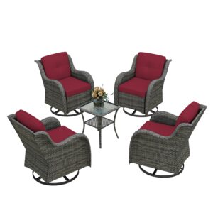 UIXE 5 Pieces Outdoor Patio Furniture Bistro Sets with 360° Swivel Rocking Chairs with Side Table, PE Rattan Rocker Chair Glider Seating Conversation Set for Backyard, Deck, Porch, Red