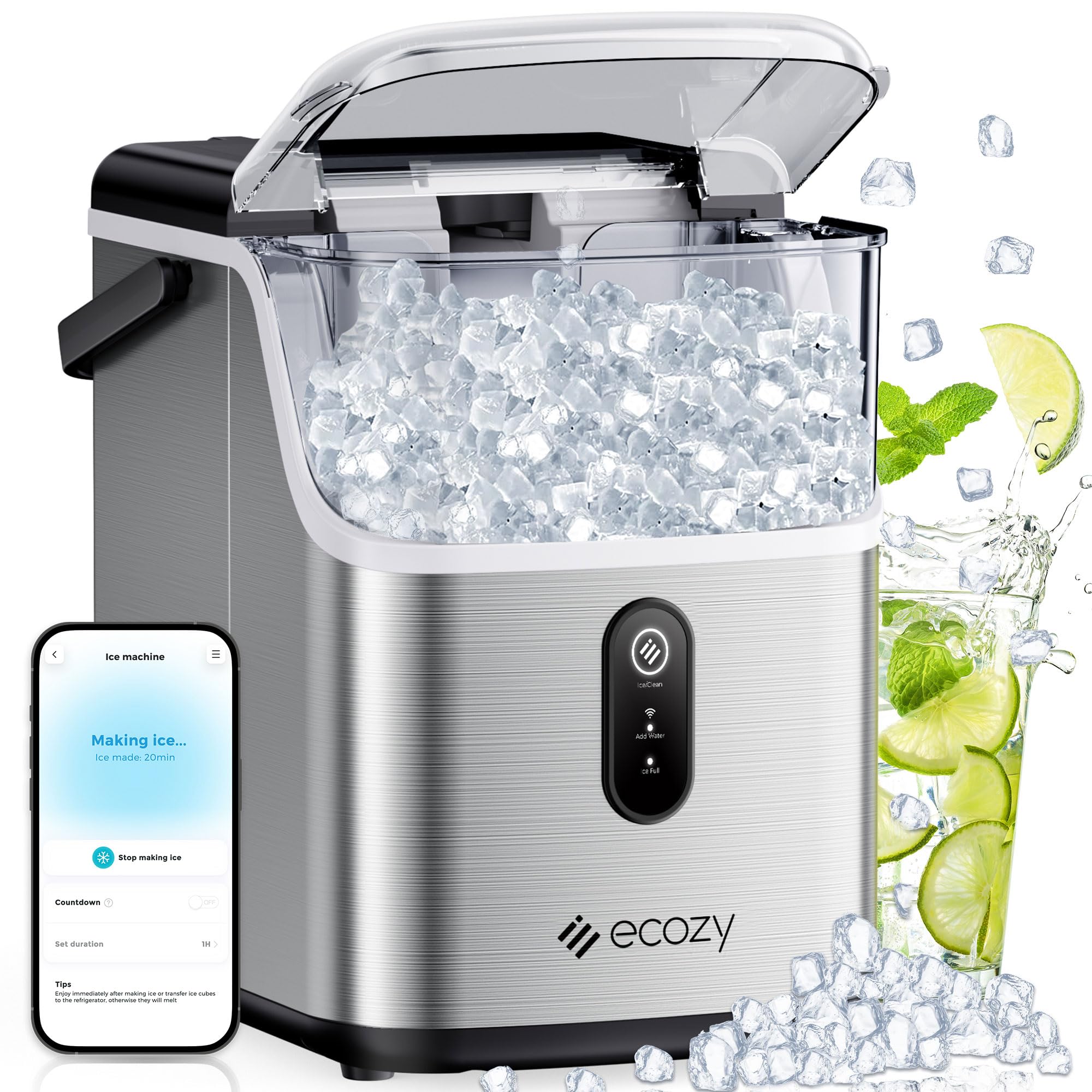 ecozy Smart Nugget Ice Maker Countertop, Pebble Ice Maker with 35lbs/24H Soft Chewable Ice, Self-Cleaning Ice Machine with Voice Control for Home Kitchen Party Bar Office, Stainless Steel