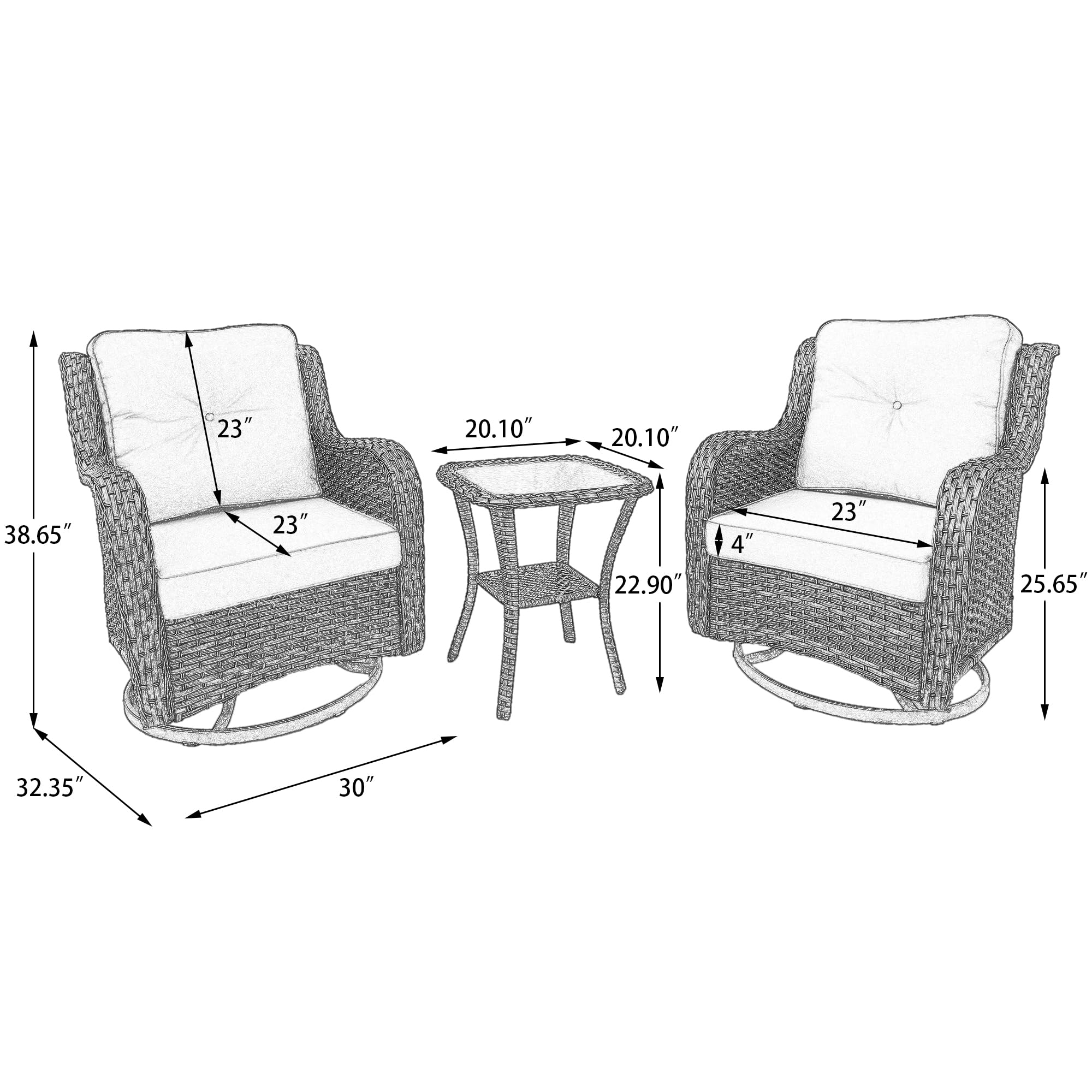 UIXE 5 Pieces Outdoor Patio Furniture Bistro Sets with 360° Swivel Rocking Chairs with Side Table, PE Rattan Rocker Chair Glider Seating Conversation Set for Backyard, Deck, Porch, Red