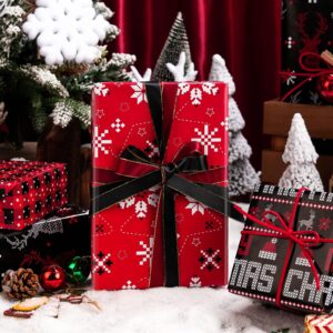 Merture Red and Black Christmas Wrapping Paper Set, Pixel Christmas Gift Paper Jumbo Roll with Reindeer, Snowflake, Christmas Text, Santa Hat, Buffalo Plaid - 4 Rolls - 30 In x 10 Ft per Roll