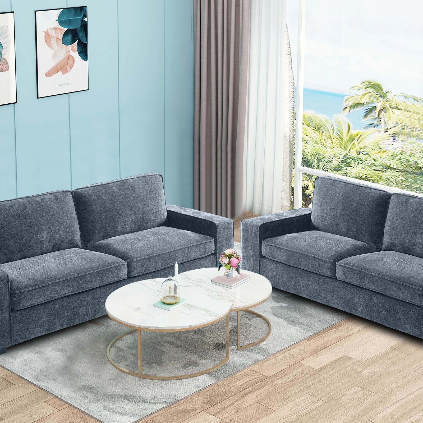 EASELAND 71.25" Loveseat Sofa Couch for Living Room, Chenille Modern Sofa Couch, Deep-Seated Sofa with Solid Wood, Metal and Removable Cover Easy to Install 2 Seats(Blue)