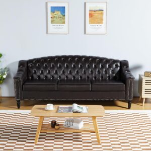 PHOYAL Chesterfield Couch 3 Seater Large Sofa, Faux Leather Sofas and Couches 80 Inches Mid Century Modern Couch Tufted Back Sofa for Living Room Furniture (Dark Brown)