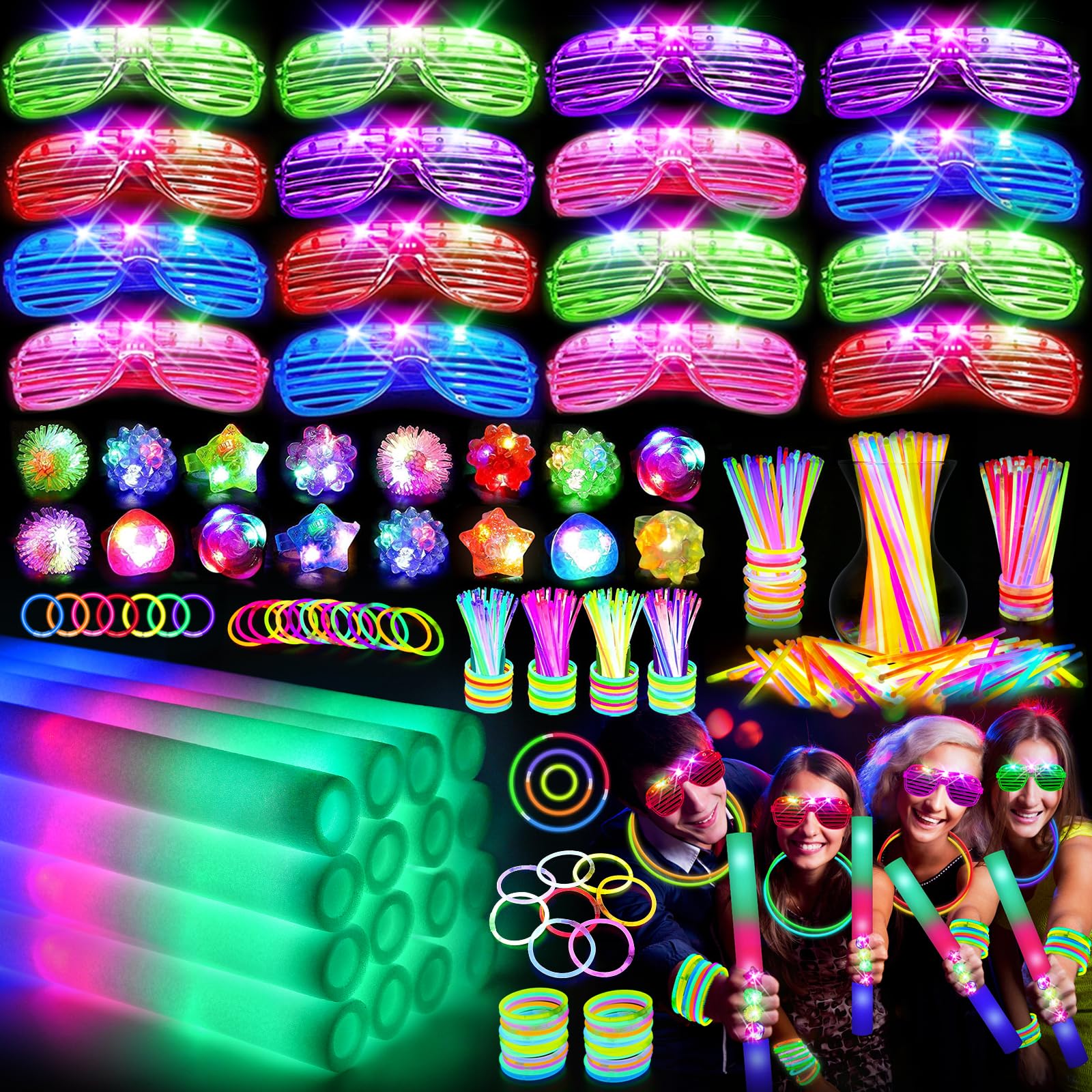 OLUPP 150 PCS Glow in the Dark Party Supplies, 16 PCS Foam Glow Sticks, 16 PCS LED Glasses, 100 PCS Glow Sticks and 18 PCS Finger Lights for Glow Party, Wedding, Birthday, Concert, Birthday, New Year