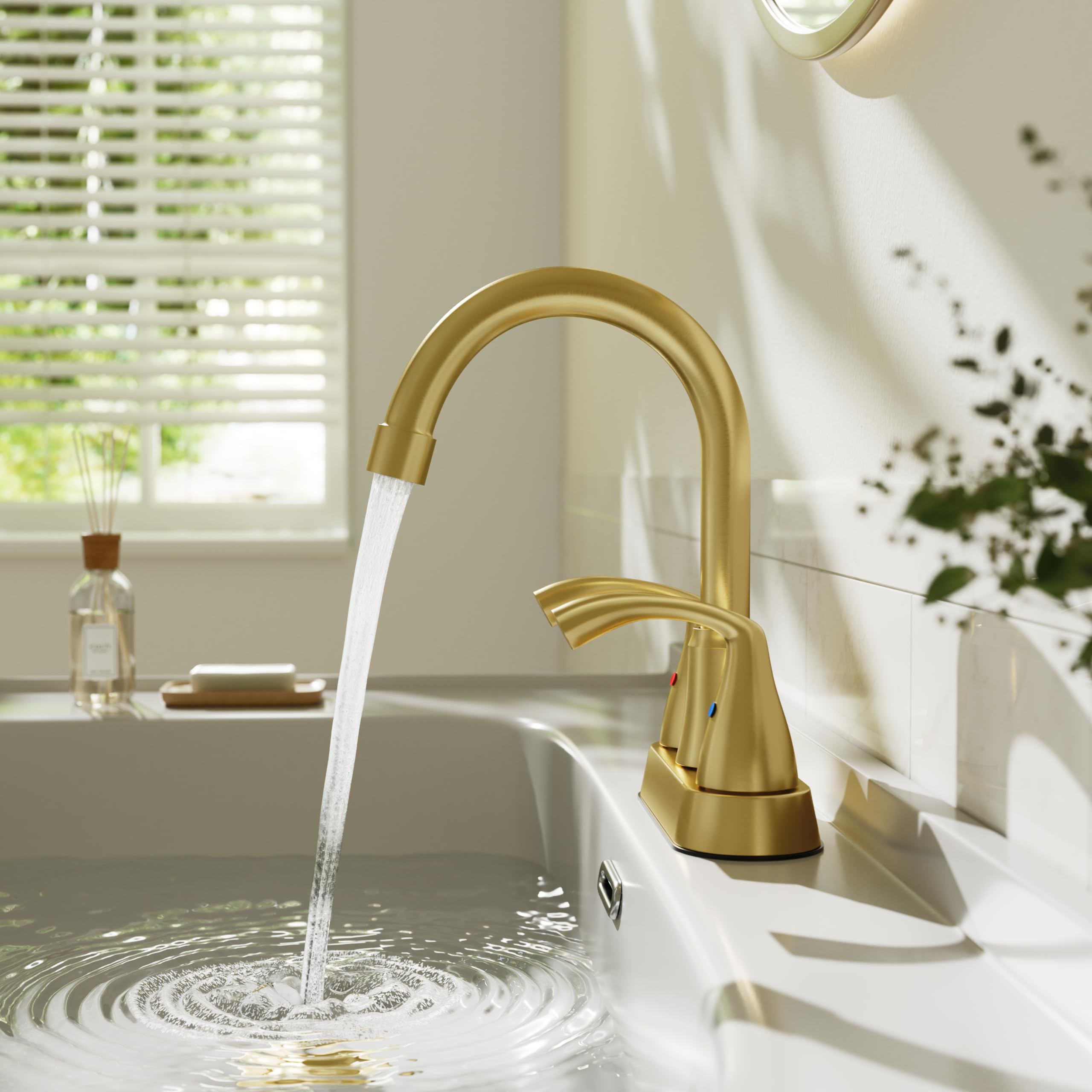 Phiestina Brushed Gold 4 Inch Centerset 2 or 3 Holes Bathroom Sink Faucet, Modern Vanity Faucet with 360 Swivel Spout, Metal Pop-up Drain and Water Supply Lines, JC180-BG