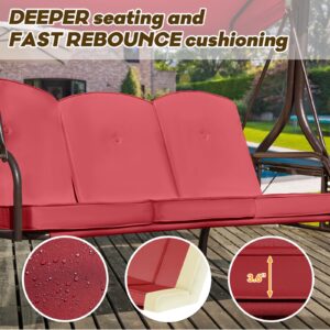 Yalissey 3 in 1 Outdoor Porch Swing with Adjustable Canopy, 3 Seat Outdoor Swing for Adults, Patio Swing Chair with Thickened Cushions,Pillows & Cup Holders for Backyard, Porch, Garden (Wine Red)