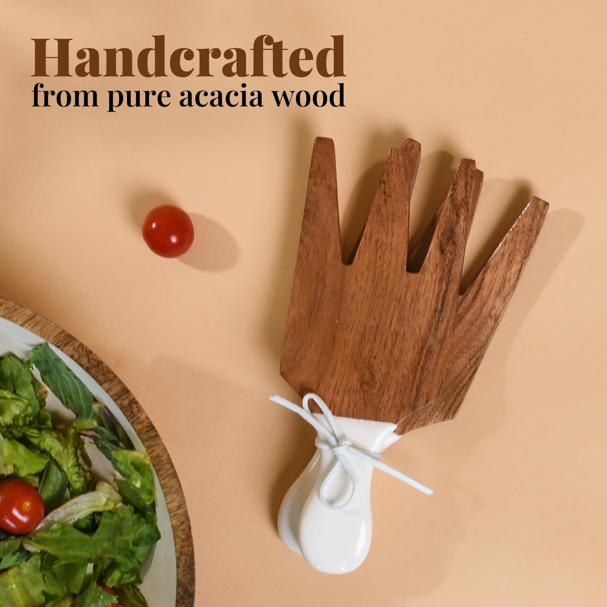 Folkulture Salad Hands or Set of 2 Acacia Wood Salad Servers, Salad Tongs Set, Salad Claws, Salad Fingers for Serving Salad Mixes, Pasta, Fruit 3.25 X 8.25 Inch (White)