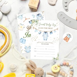 Whaline 25 Sets Boy Baby Clothes Baby Shower Party Invitations with Envelopes Stickers Blue Cute Party Invitation Paper Cards Fill-In Invites for Birthday Gender Reveal Party Supplies, 5 x 7 Inch