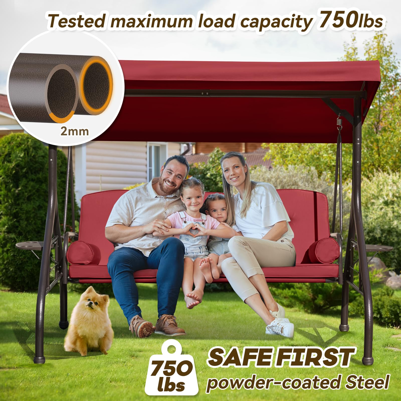 Yalissey 3 in 1 Outdoor Porch Swing with Adjustable Canopy, 3 Seat Outdoor Swing for Adults, Patio Swing Chair with Thickened Cushions,Pillows & Cup Holders for Backyard, Porch, Garden (Wine Red)