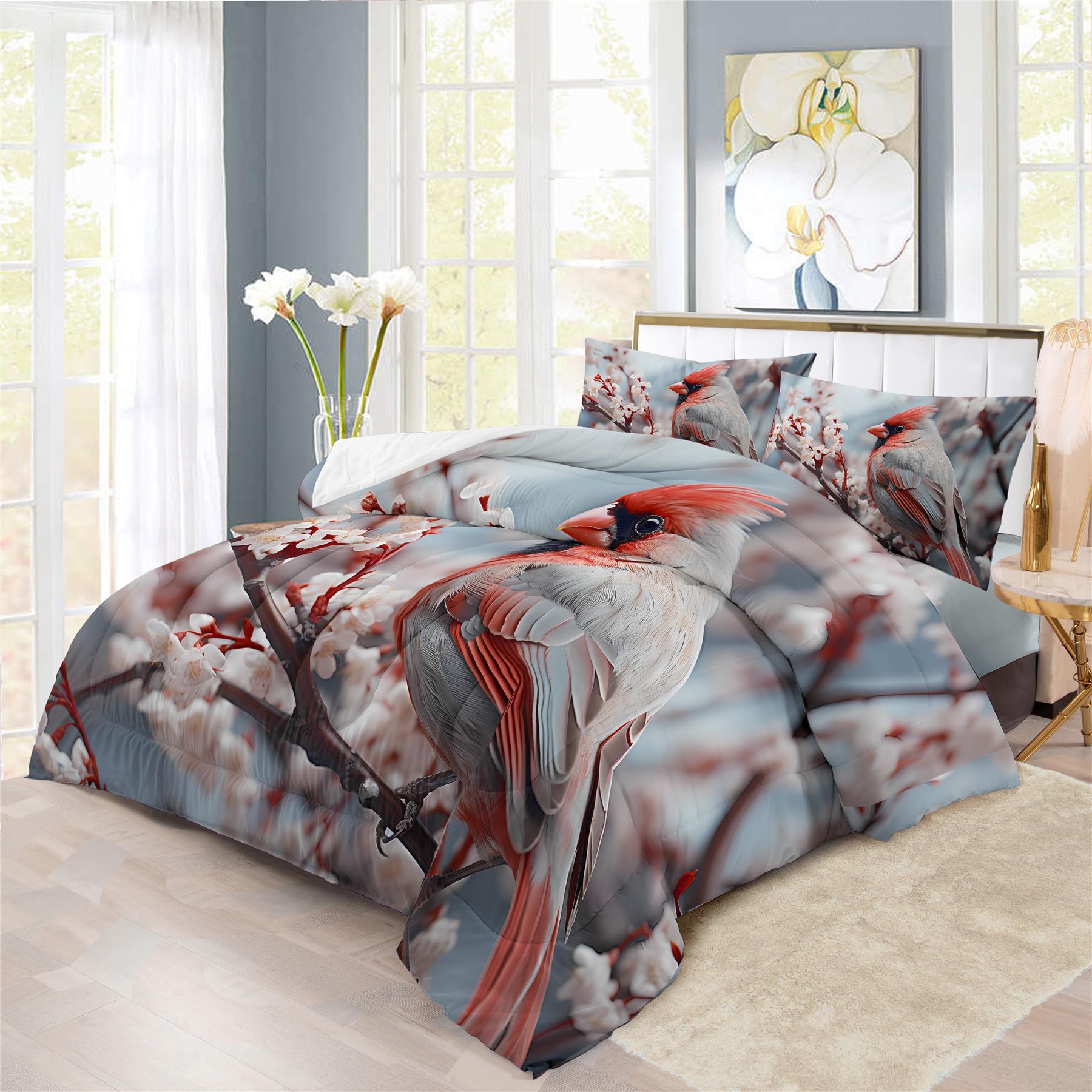 REALIN Northern Cardinal Birds Bedding North American Songbird Duvet Cover Set Bed Sets 2/3/4PCS Quilt Covers/Sheets/Pillow Shams,Twin/Full/Queen/King (B,Twin-172x218cm-3PCS)