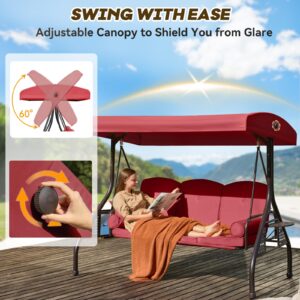 Yalissey 3 in 1 Outdoor Porch Swing with Adjustable Canopy, 3 Seat Outdoor Swing for Adults, Patio Swing Chair with Thickened Cushions,Pillows & Cup Holders for Backyard, Porch, Garden (Wine Red)