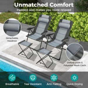 GYMAX Patio Chairs with Ottomans, Outdoor Recliner Set of 2 with 7-Level Backrest, Armrest, Detachable Headrest & Back Pocket, Padded Folding Camping Lounger for Lawn Balcony Backyard (2)