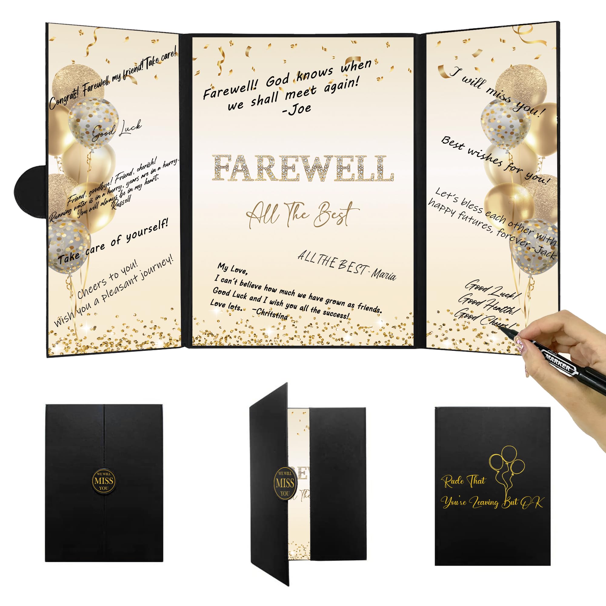 DARUNAXY Black Gold Farewell Party Decorations, Farewell We Will Miss You Alternative Signature Guest Book for Men Women Going Away Gifts Signing Card Board for Retirement Graduation Party Supplies