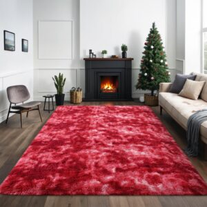 Larhom Fluffy Shag Area Rug, 4x6 ft Burgundy Red Tie-Dyed Shaggy Fuzzy Carpets for Living Room, Ultra Soft Plush Rugs for Bedroom, Girls Kids Room, Nursery Dorm Home Decor, Non-Slip