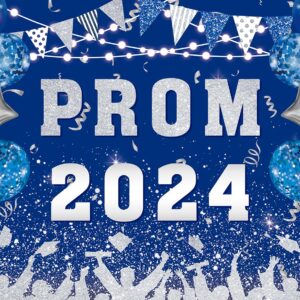 INRUI Prom 2024 Photography Background Blue and Silvery 2024 Prom Night Banner Glitter Balloons Flags Graduation Prom Party Decorations Backdrop (7x5FT)