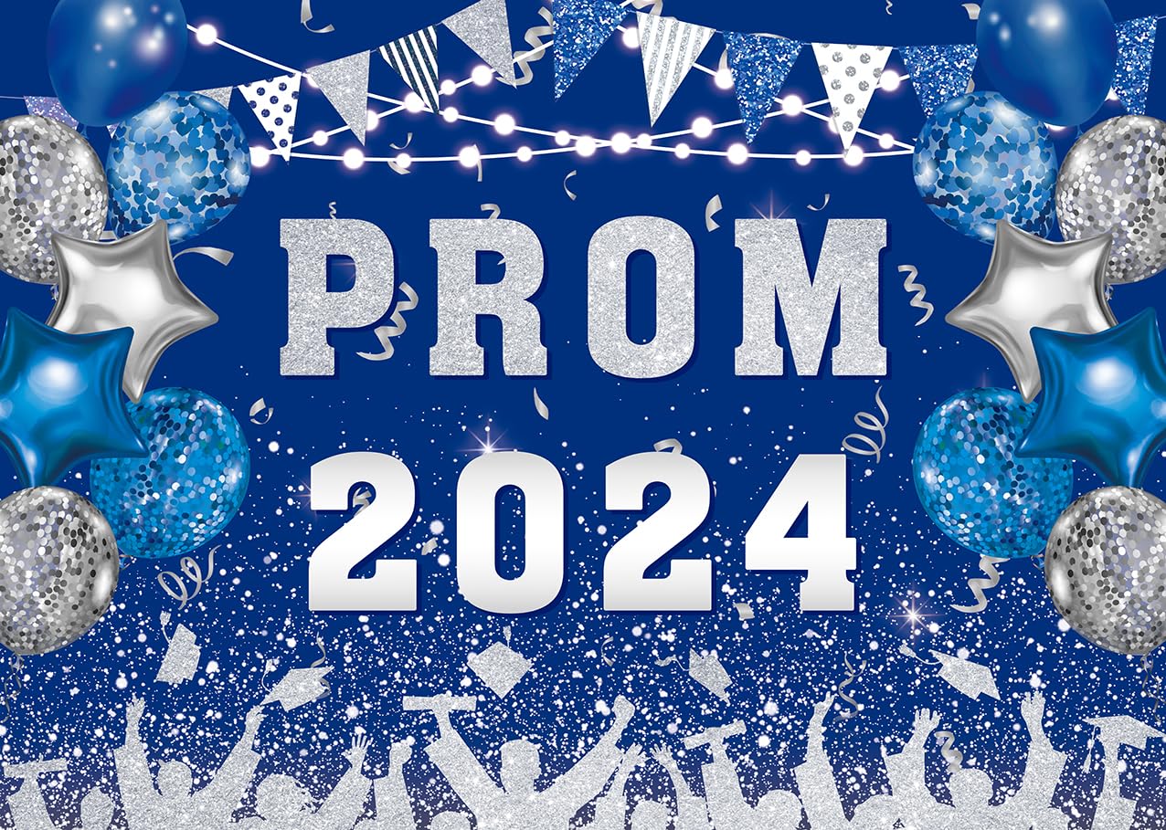 INRUI Prom 2024 Photography Background Blue and Silvery 2024 Prom Night Banner Glitter Balloons Flags Graduation Prom Party Decorations Backdrop (7x5FT)