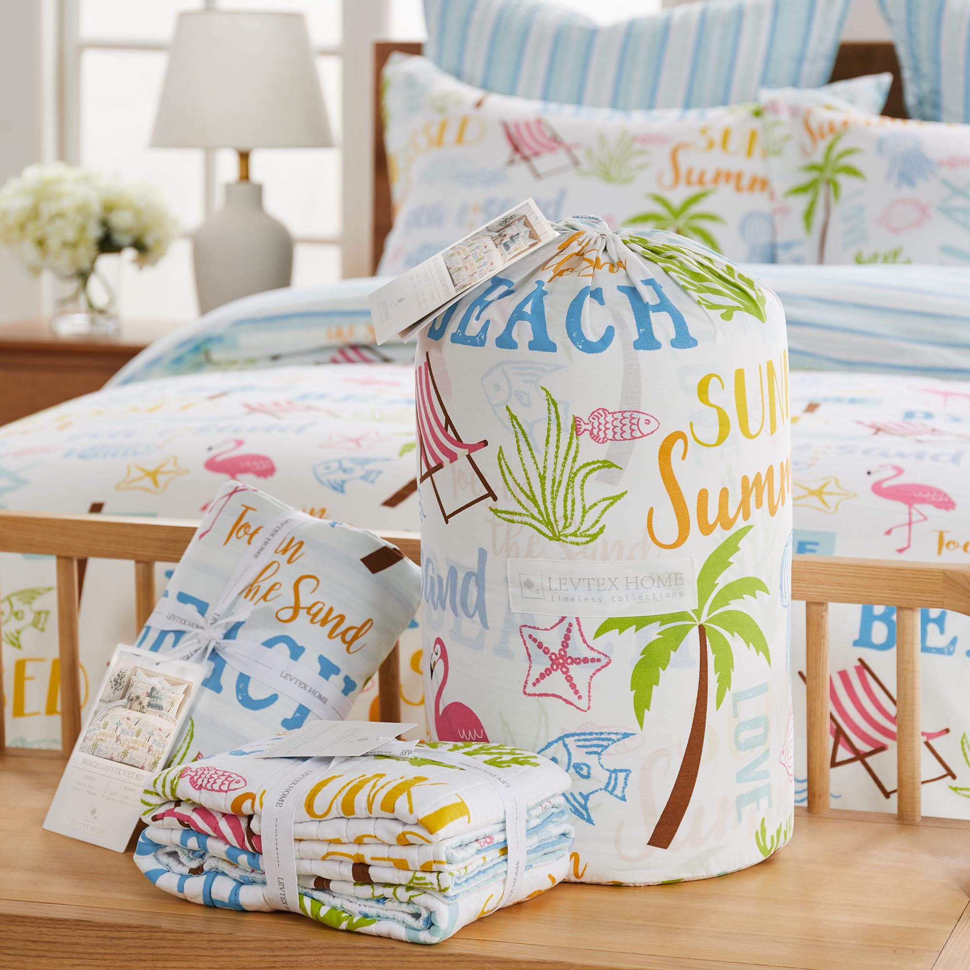 Levtex Home - Beach Days Duvet Cover Set - Full/Queen Duvet Cover (90 x 94in.) + Two Standard Pillow Cases (26 x 20in.) - Coastal Beach - Teal Blue Yellow Green Brown Pink - Cotton