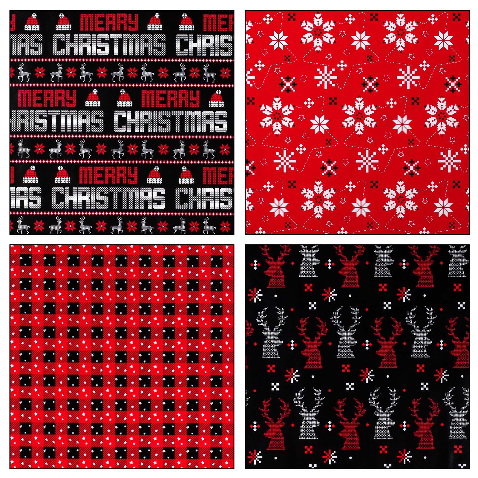 Merture Red and Black Christmas Wrapping Paper Set, Pixel Christmas Gift Paper Jumbo Roll with Reindeer, Snowflake, Christmas Text, Santa Hat, Buffalo Plaid - 4 Rolls - 30 In x 10 Ft per Roll