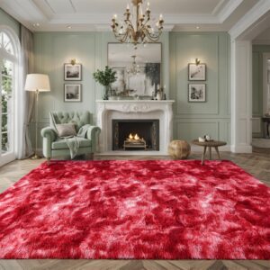 Larhom Fluffy Shag Area Rug, 4x6 ft Burgundy Red Tie-Dyed Shaggy Fuzzy Carpets for Living Room, Ultra Soft Plush Rugs for Bedroom, Girls Kids Room, Nursery Dorm Home Decor, Non-Slip