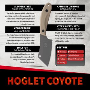 Off-Grid Knives - HOGLET EDC Fixed Blade Knife, Graywash Blade, Coyote G10 & Kydex Sheath with Scout and Vertical Belt Clip, Camping, Hunting, Hiking, Camp Kitchen Food Processing (Coyote)