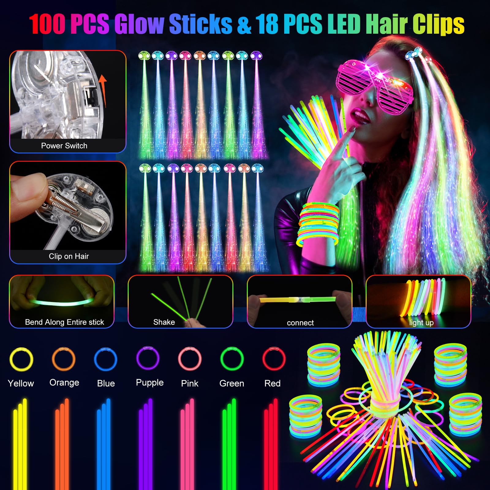 OLUPP 148 PCS Glow in the Dark Party Supplies, 16 PCS Glow Fiber Optic Wands, 14 PCS LED Glasses, 100 PCS Glow Sticks and 18 PCS LED Hair Clips Fiber Optic for Glow Party, Wedding, Concert, Birthday