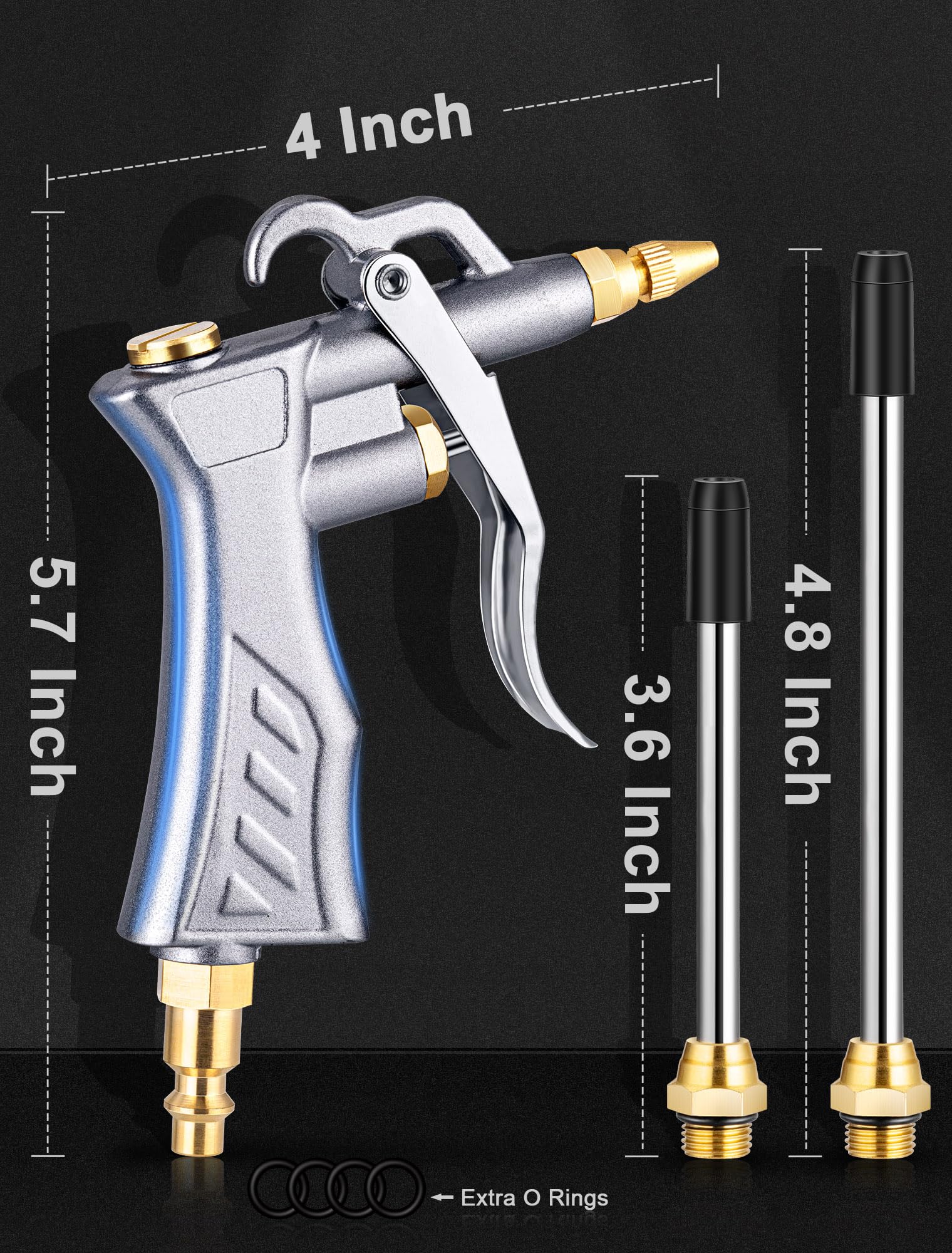 JASTIND Air Blow Gun with Adjustable Brass Air Nozzle, 2 Pcs Steel Extensions and 13.7 Inch Flexible Flow Hose, High Volume Air Gun Blower for Air Compressor Accessories Pneumatic Tool Dust Clean