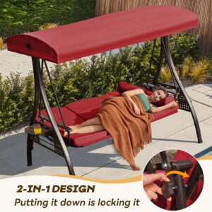 Yalissey 3 in 1 Outdoor Porch Swing with Adjustable Canopy, 3 Seat Outdoor Swing for Adults, Patio Swing Chair with Thickened Cushions,Pillows & Cup Holders for Backyard, Porch, Garden (Wine Red)