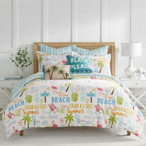 levtex home - beach days duvet cover set - full/queen duvet cover (90 x 94in.) + two standard pillow cases (26 x 20in.) - coastal beach - teal blue yellow green brown pink - cotton